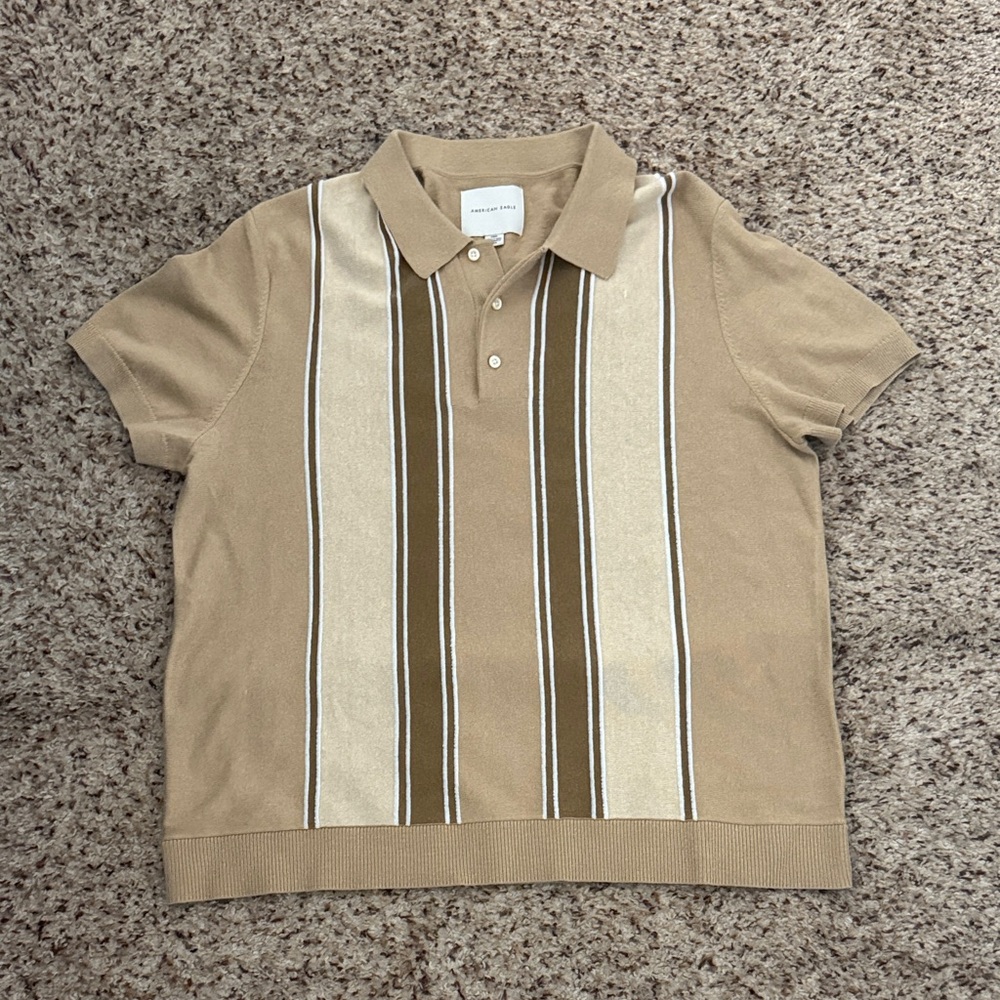 American Eagle Outfitters Tan and Brown Striped Polo